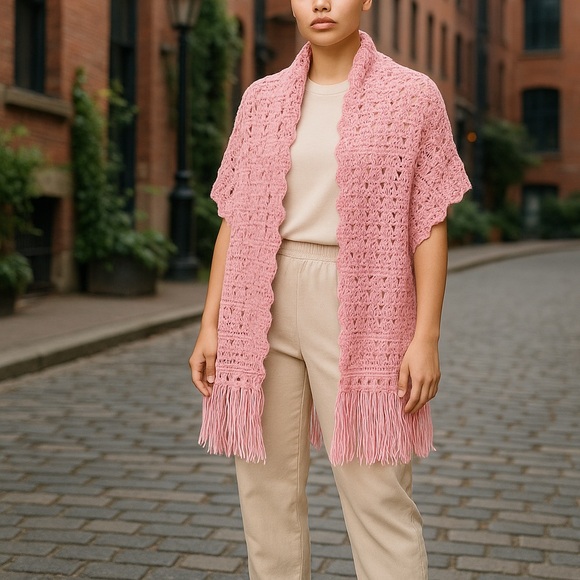 Pink crochet scarf floral design with tassels - Picture 4 of 6